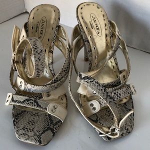 Snake skin wrap around sandals.